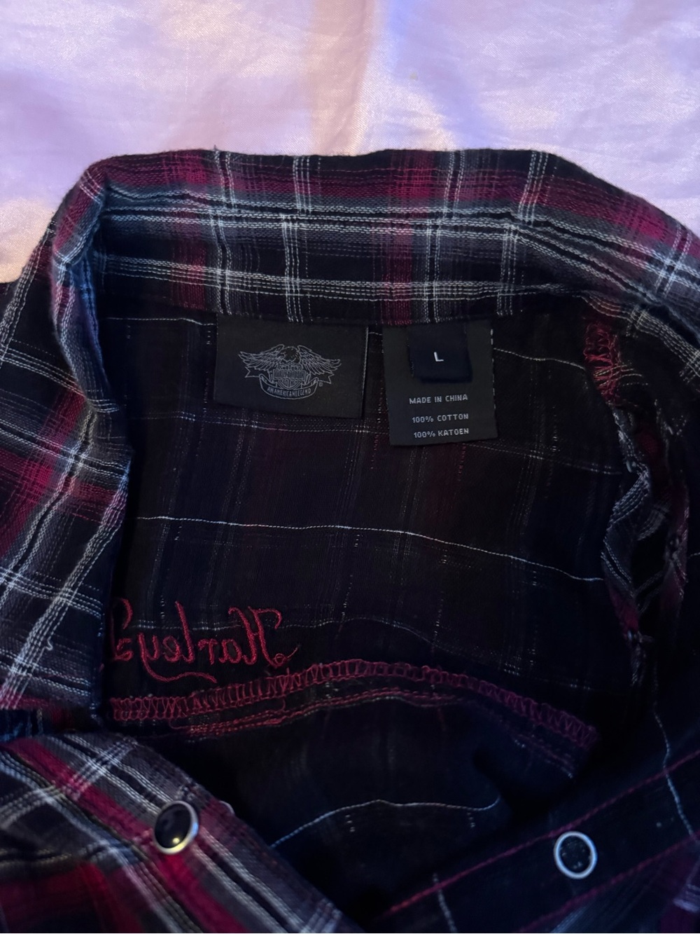 Harley Davidson Cold-Shoulder Plaid Button-Down Shirt - Black & Maroon - Picture 5 of 5